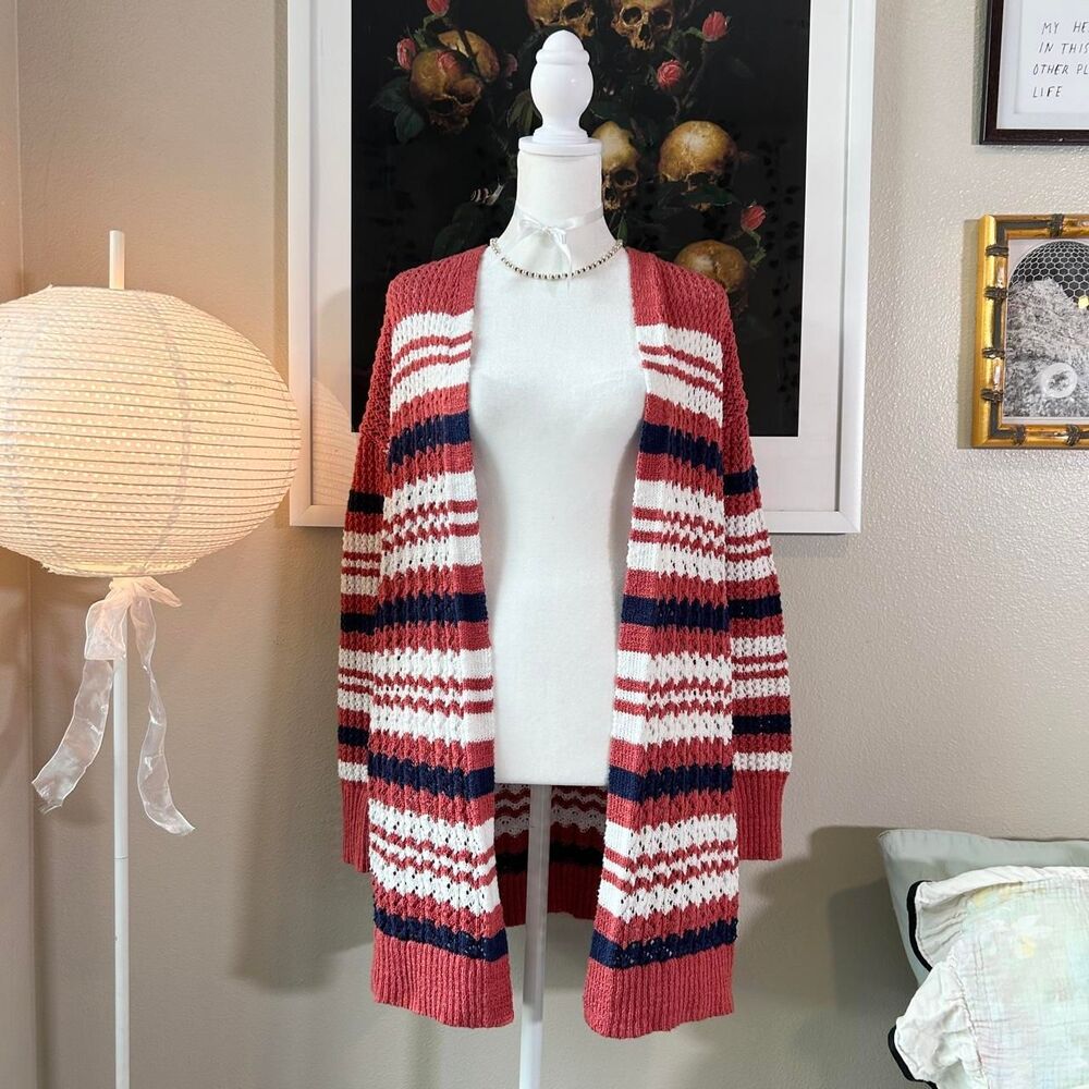 Maurices red white & blue striped long open cardigan sweater M